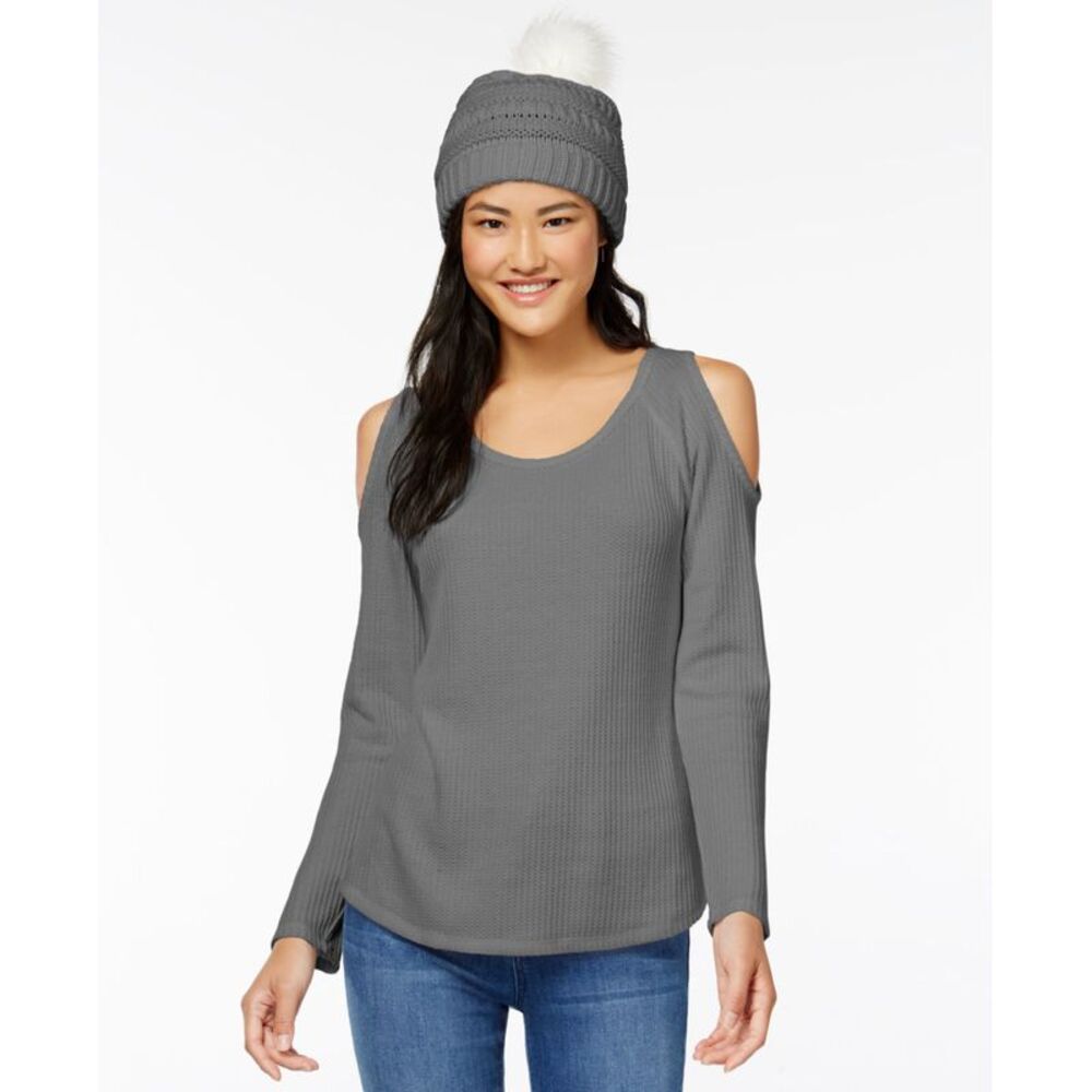 Self E Juniors Waffle Knit Cold Shoulder Top Faux Fur Trimmed Beanie